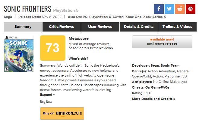 《索尼克：未知边境》媒体评分M站73。