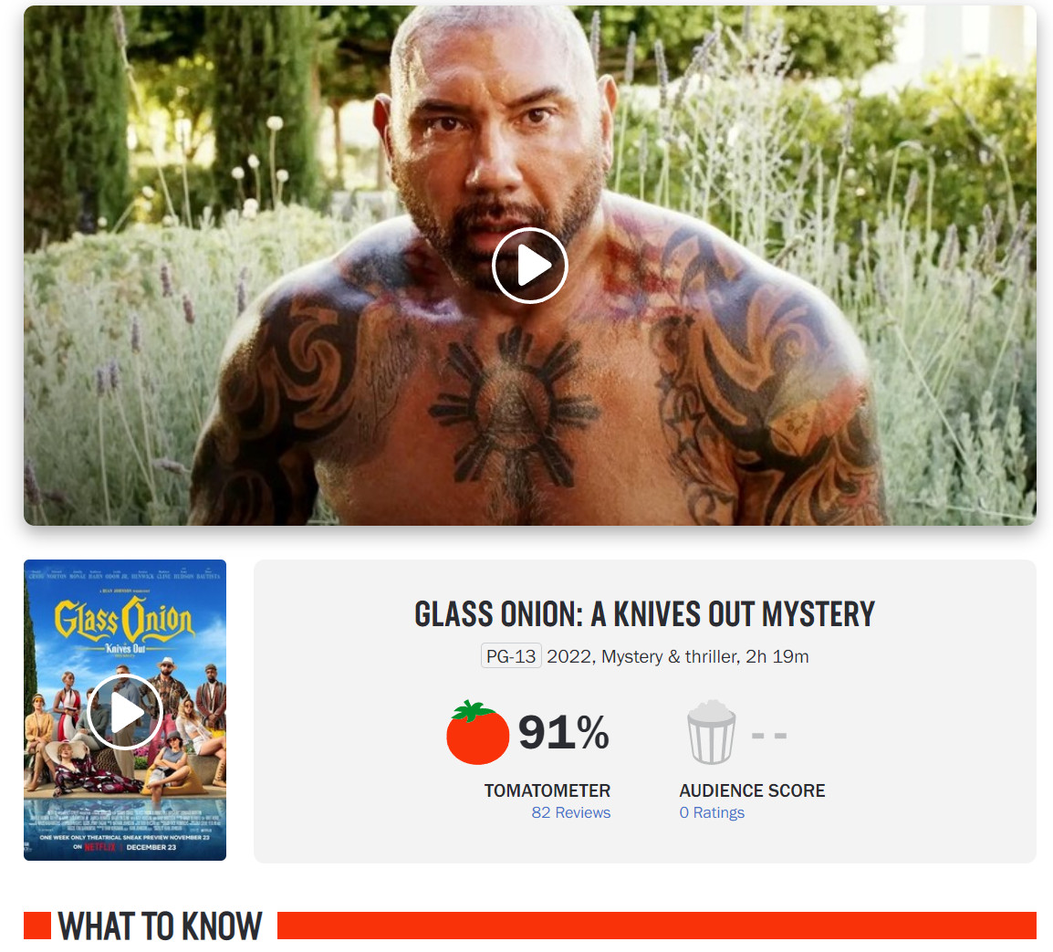 《利刃出鞘2》中文烂番茄官方公布91%好评。