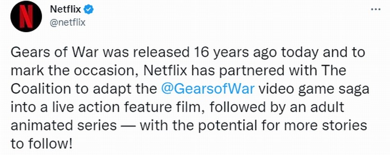 《战争机器》真人电影《网飞》即将上线。