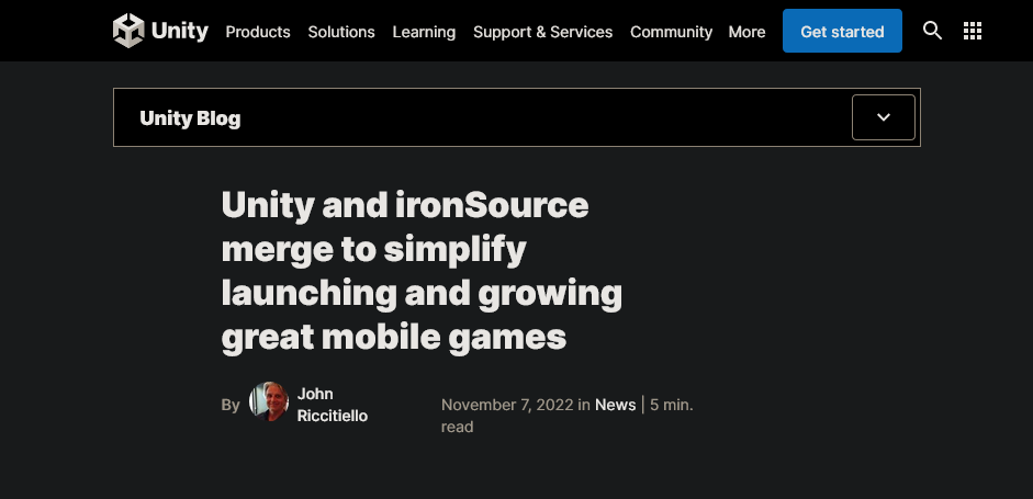 该引擎的开发商Unity已经与IronSource合并。