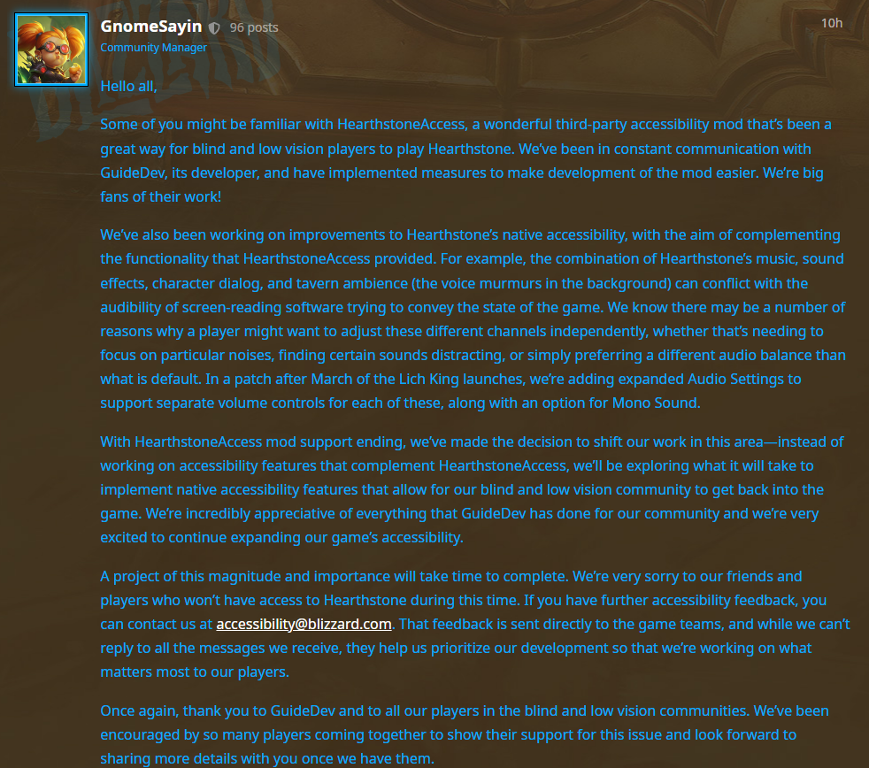 响应暴雪玩家请求《炉石传说》以后会添加辅助功能。