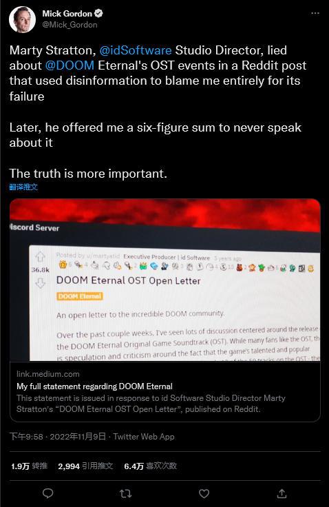 《毁灭战士：永恒》配乐米克·戈登痛斥导演诽谤和公司压迫。