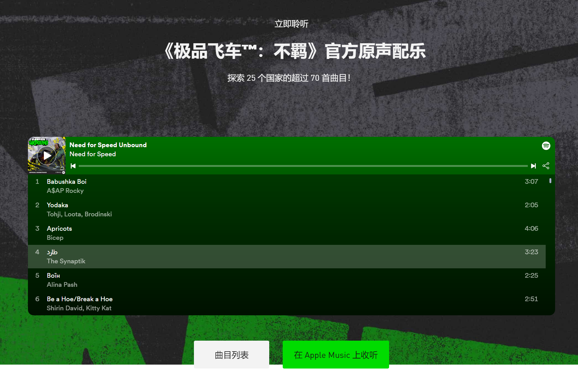《极品飞车22》原声音乐在25个国家发行了70多首曲目。
