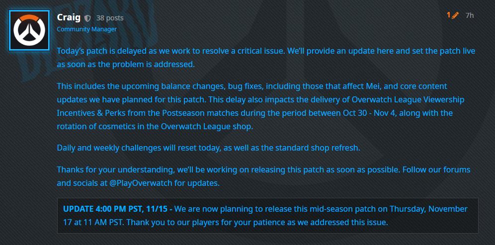 为解决新问题《守望先锋：归来》11月16日，平衡补丁延期发布。