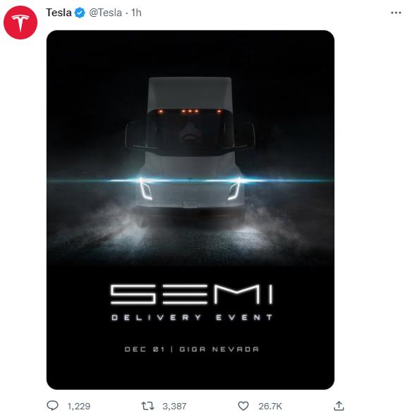 特斯拉:Semi电动卡车将于12月1日交付。