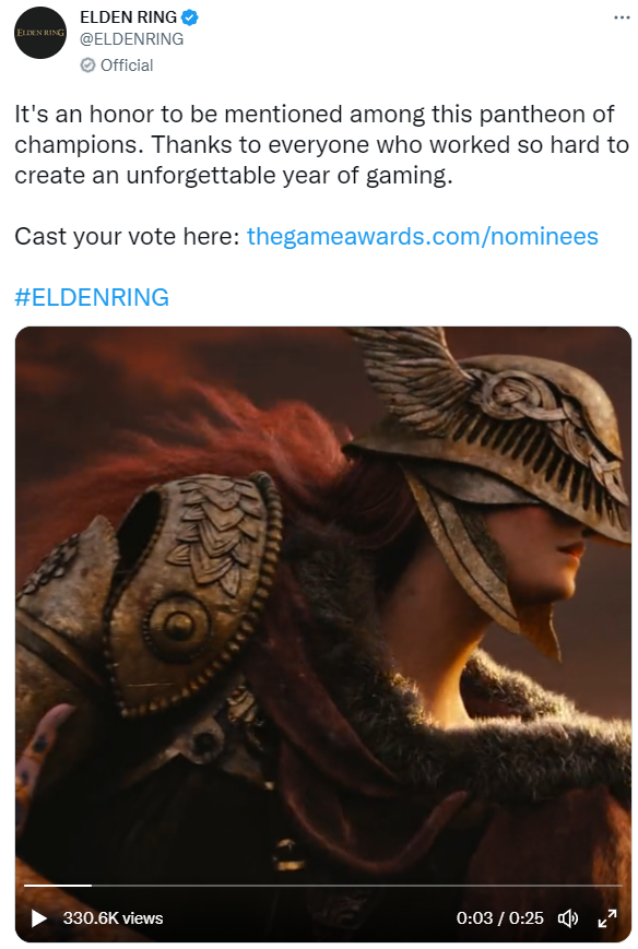 《艾尔登法环》官方致谢TGA很荣幸获得年度游戏提名。