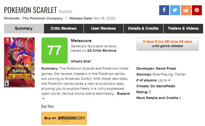 《宝可梦：朱/紫》媒体评分M站77。