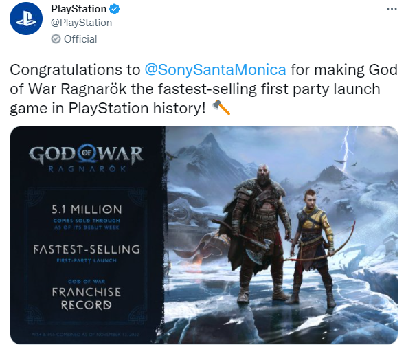《战神：诸神黄昏》首周销量破510万PS，史上销量最快的第一方游戏。