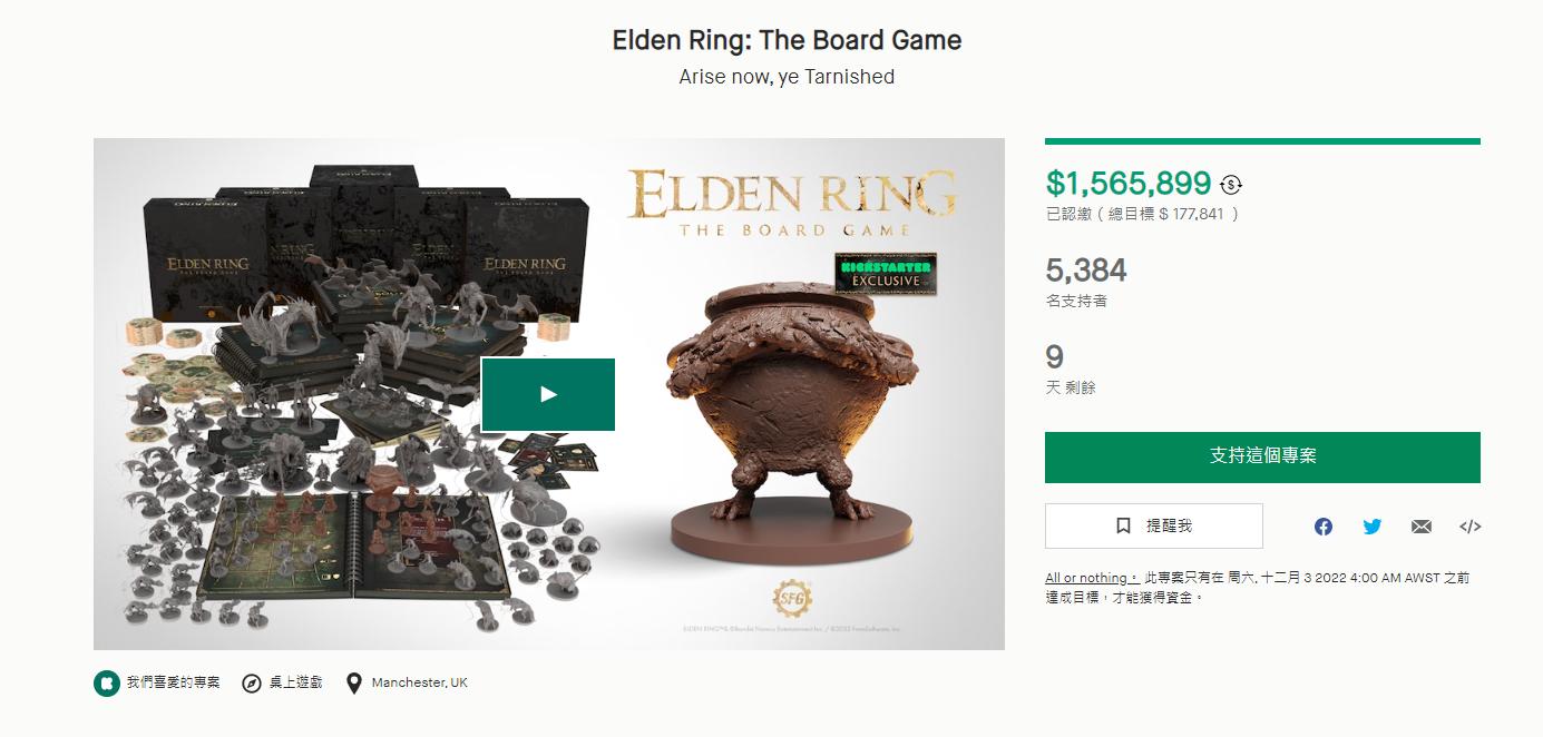 《艾尔登法环》桌游众筹线上总目标已达156万美元。