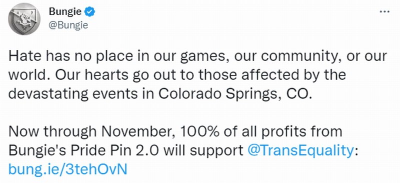 Bungie向LGBTQ社区捐款:我们的游戏里没有仇恨。