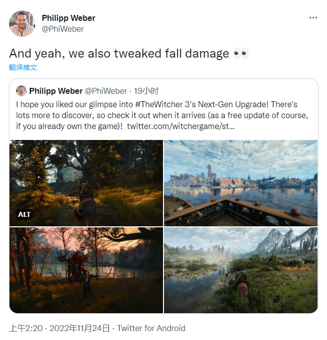 不摔死？《巫师3》下一代更新将减少坠落伤害。