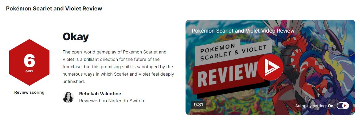 《宝可梦：朱/紫》IGN终评分数:6分