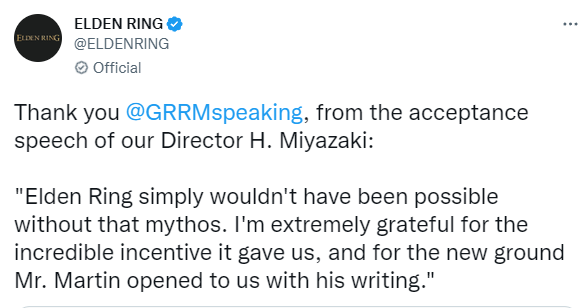 《艾尔登法环》官方感谢乔治·马丁获得年度最佳游戏奖