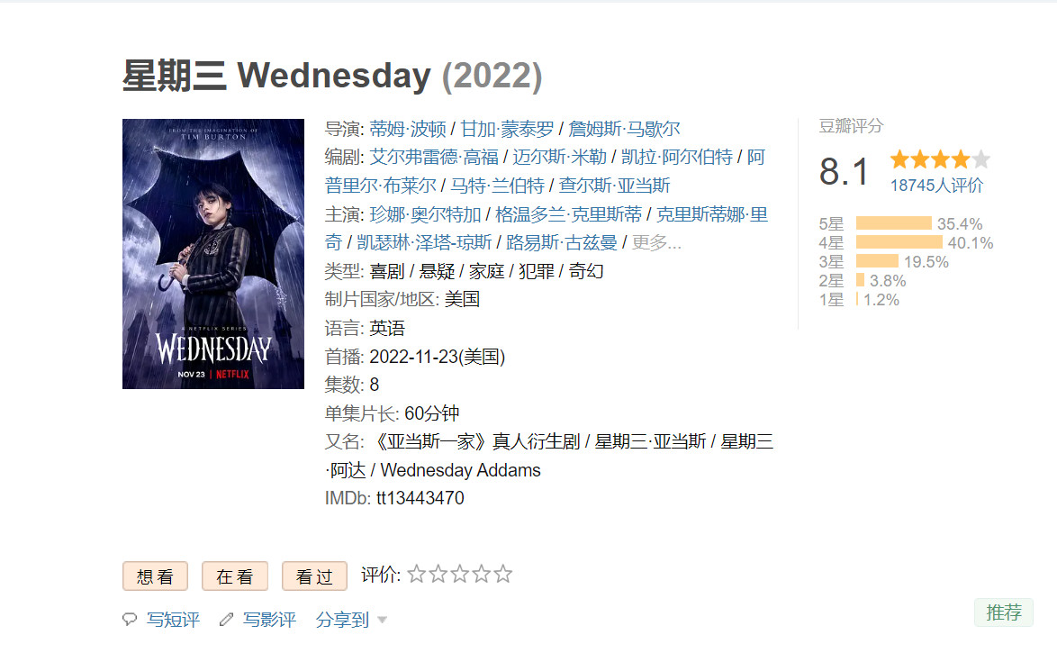 《亚当斯一家》直播剧《星期三》豆瓣开放8.1