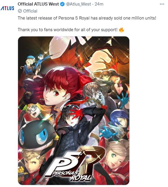 atlus:《女神异闻录5皇家版》重制版销量突破百万。