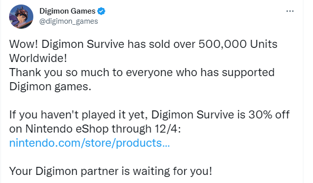 《数码宝贝：绝境求生》销量已突破50万。谢谢你。