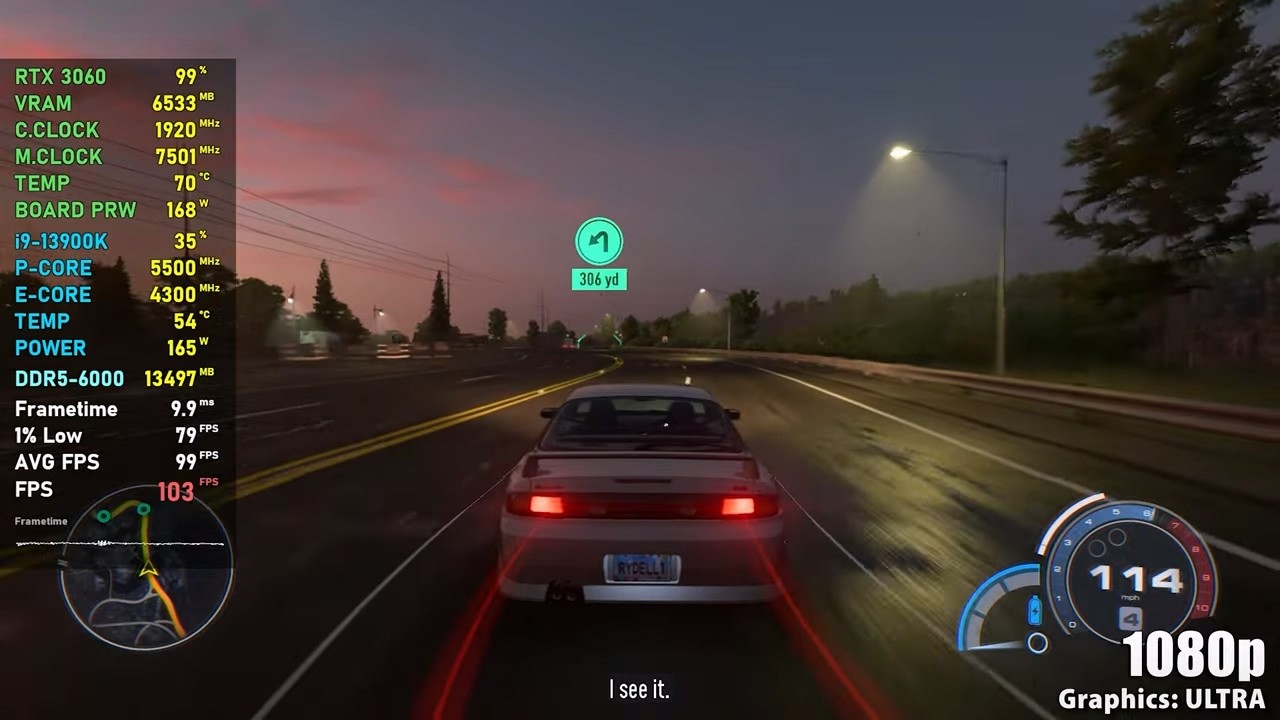 《极品飞车22》显卡测试:RTX40804K稳定100帧左右。