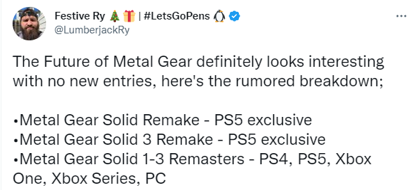 传闻:正在制作各种《合金装备》重制版和刻版。