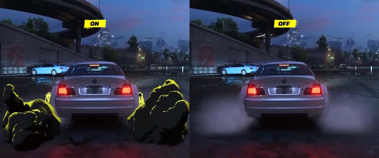 《极品飞车：不羁》关掉卡通效果演示烟一点都不夸张。