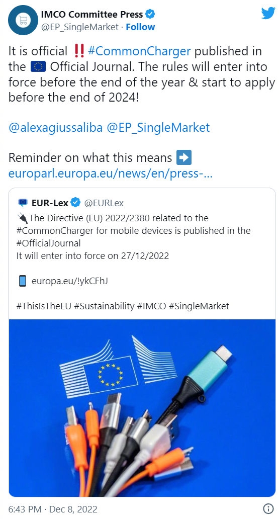 欧盟统一接口确认苹果iPhone必须换USB-C。