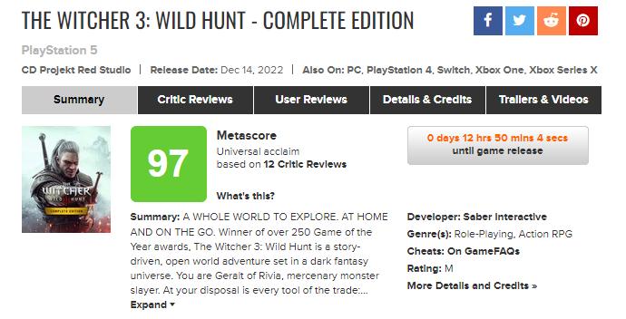 《巫师3》次世代版媒体在M站的平均分高达97。