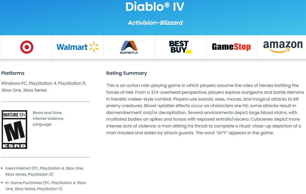 《暗黑破坏神4》被ESRB评为M级:血腥暴力有内购。