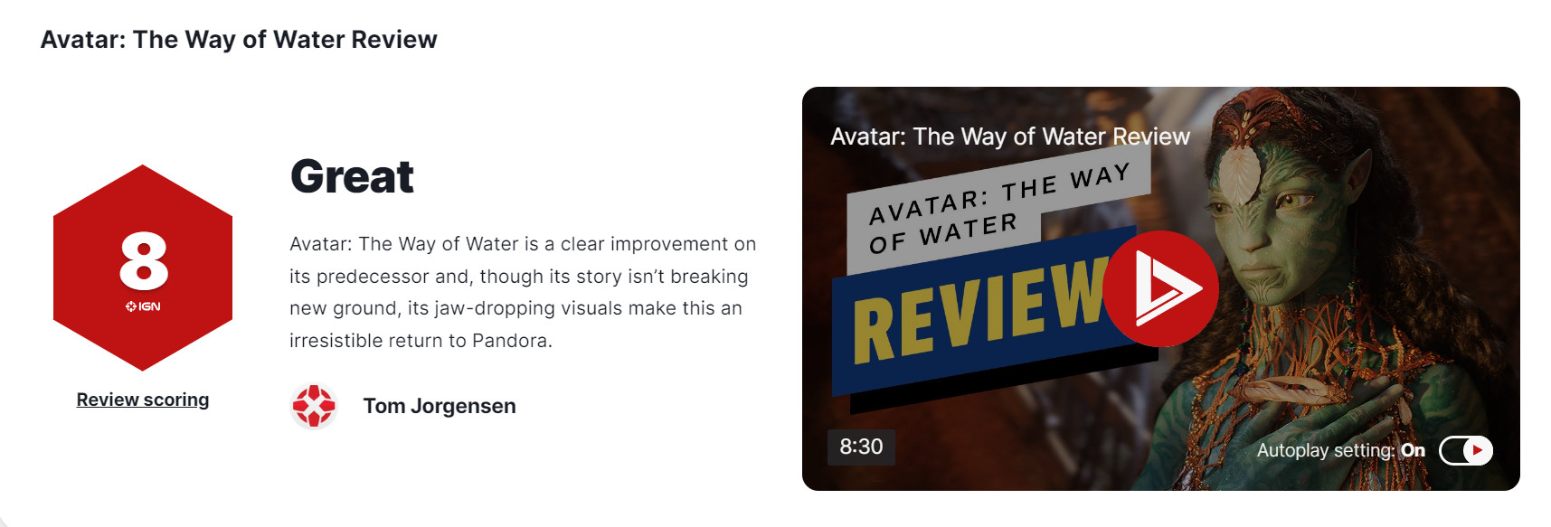 《阿凡达2》口碑解除:IGN8分，豆瓣8.5分。