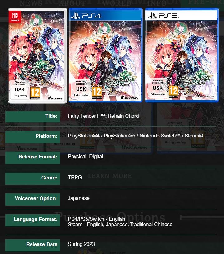 《妖精剑士F：Refrain Chord》Steam海外版将于2023年春季发布，支持中文。