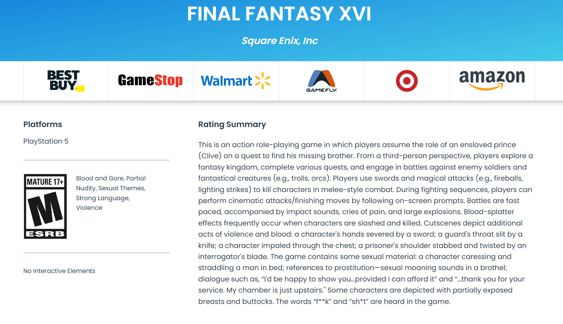 《最终幻想16》ESRBM级暴力，部分曝光。