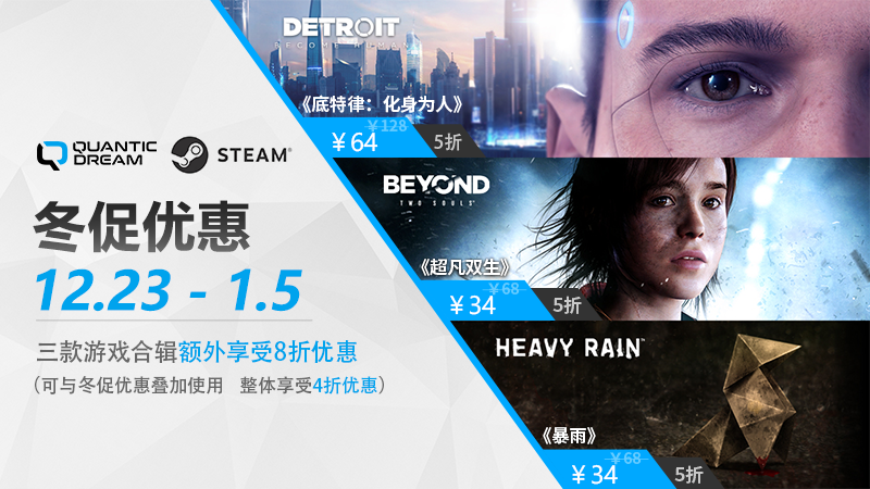 Steam史上打折40%，QuanticDream3游戏收藏冬季促销特惠！