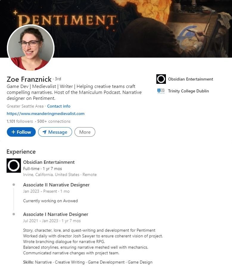 据报道，黑曜石幻想RPG《宣誓》至少拥有10名叙事设计师