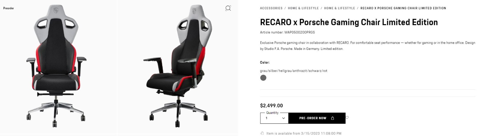 保时捷和RECARO联合推出赛车外观的电竞椅售价约为1.7万元