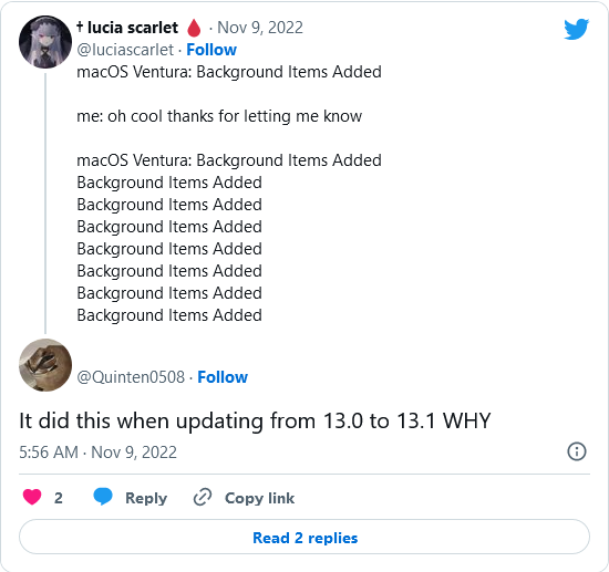 苹果的macOSVentura发出bug并接通电源后，会弹出大量无用的通知消息