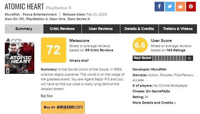 《原子之心》M站台玩家评论均6.6分:低配《生化奇兵》