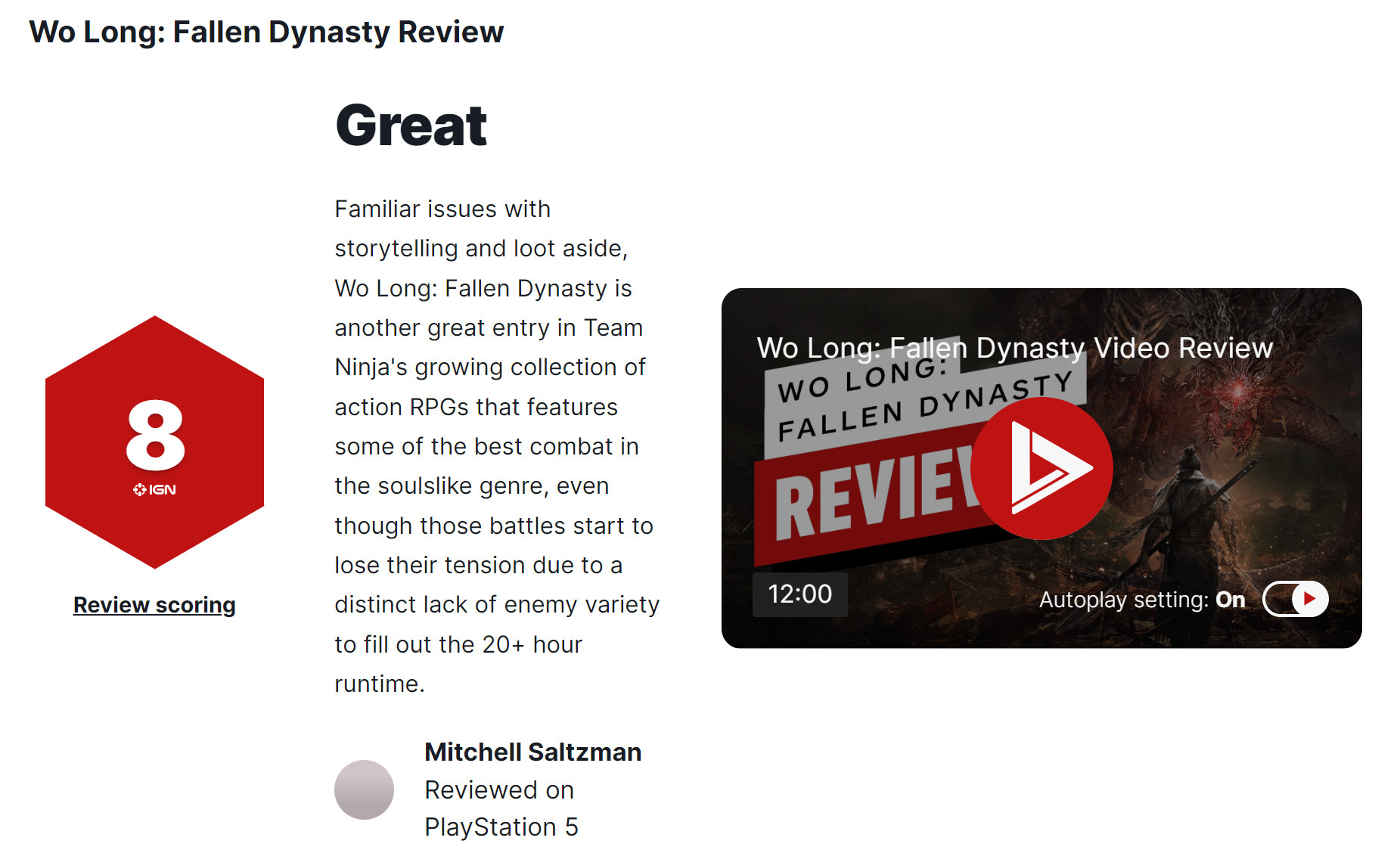 《卧龙：苍天陨落》IGN8分战斗最好的灵魂类游戏