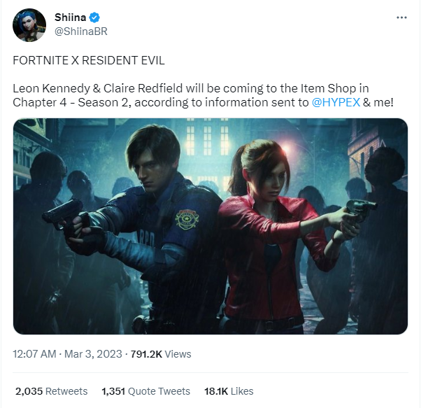 《堡垒之夜》预定发售《生化危机》里昂，克莱尔联动肌肤