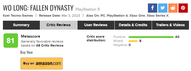 《卧龙：苍天陨落》M站点评分解禁均为81分