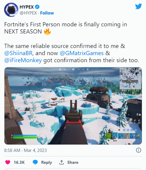 传言:《堡垒之夜》下个赛季的更新将发售第一人称模式