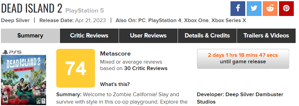 媒体《死亡岛2》在M站的平均得分为74分。
