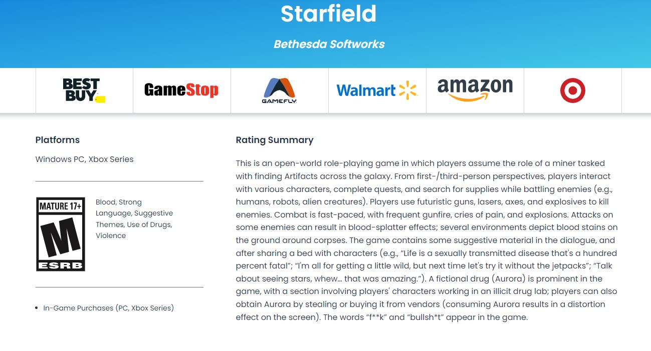 《星空》ESRB页面更新以获取更多详细信息
