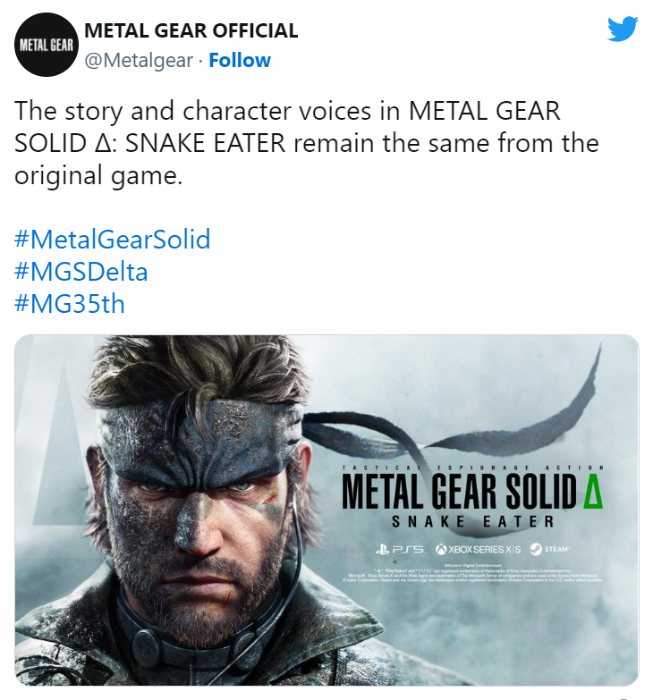 官方确认：《合金装备3RE》Snake的剧情和配音与原著相同。
