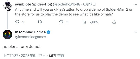 官方确认PS5《漫威蜘蛛侠2》没有试用版
