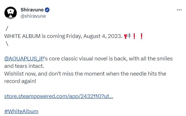 经典爱情冒险游戏《白色相簿》宣布，蒸汽版将于8月4日以中文发布。
