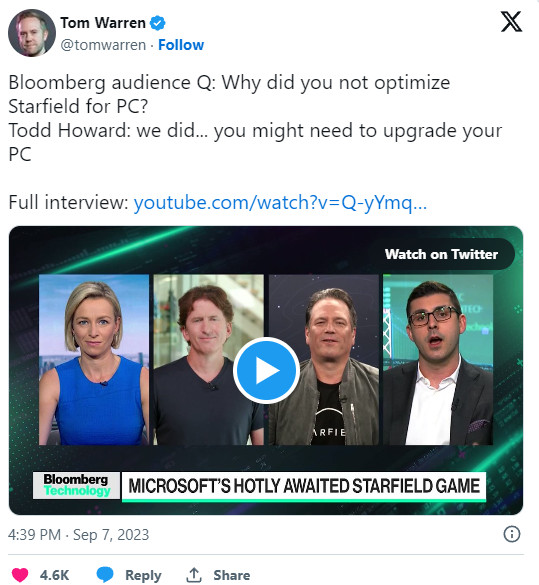 Todd：《星空》是下一代PC游戏。您需要升级您的计算机。
