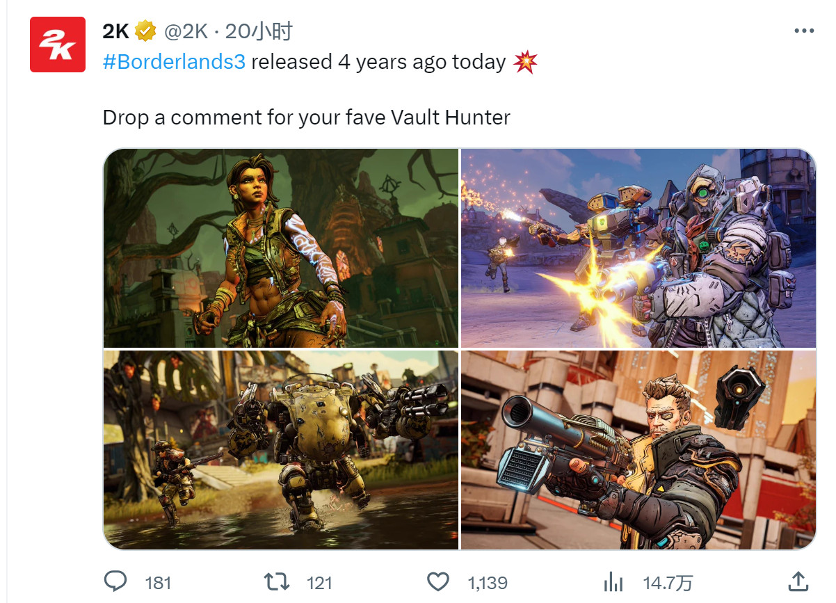 《无主之地3》已经上市四年了，目前销量超过1800万。
