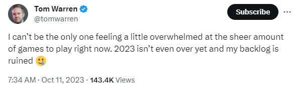 外国媒体编辑抱怨说，2023年有太多新游戏要玩。
