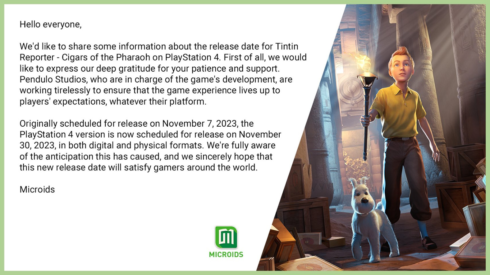 《丁丁历险记：法老的雪茄》PS4版本跳票11月30日发售
