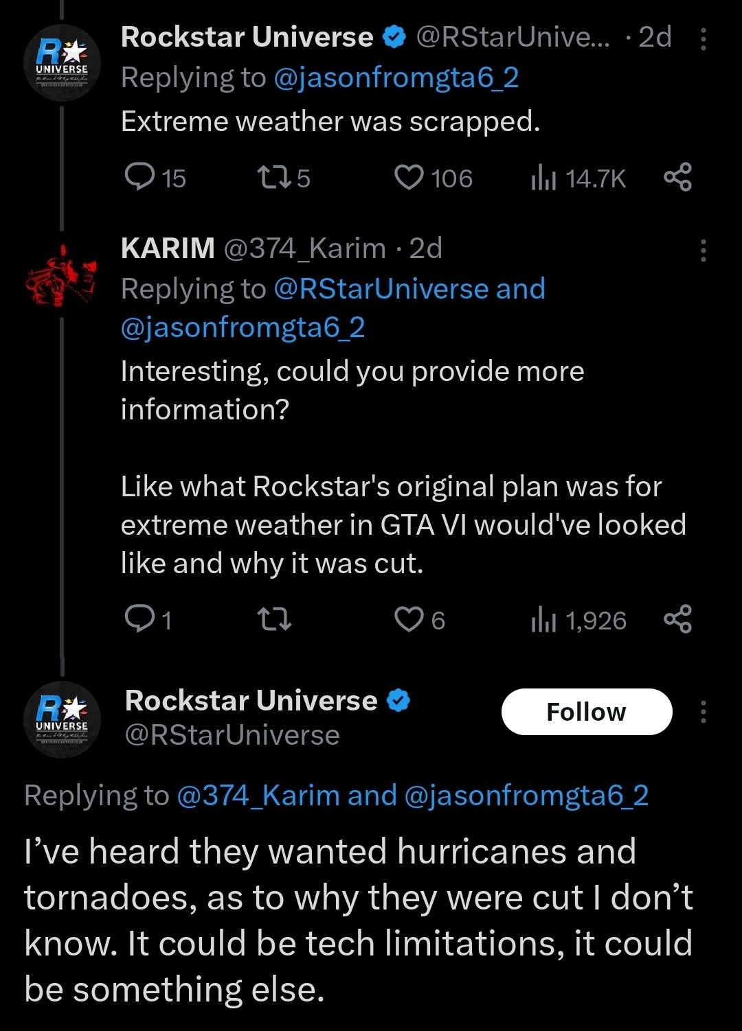 由于技术限制，《GTA6》极端天气系统已被删除。
