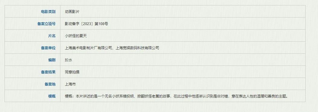 由《中国奇谭》改编的动画片《小妖怪的夏天》已经正式备案，并同意开拍。
