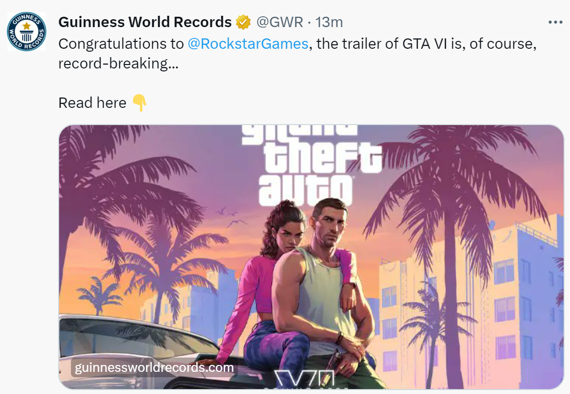 这张《GTA6》的通知获得了吉尼斯世界纪录认证，并打破了三项纪录。
